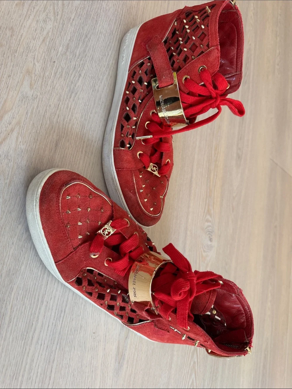 Michael Kors Red Suede High-Top Sneakers with Gold Hardware